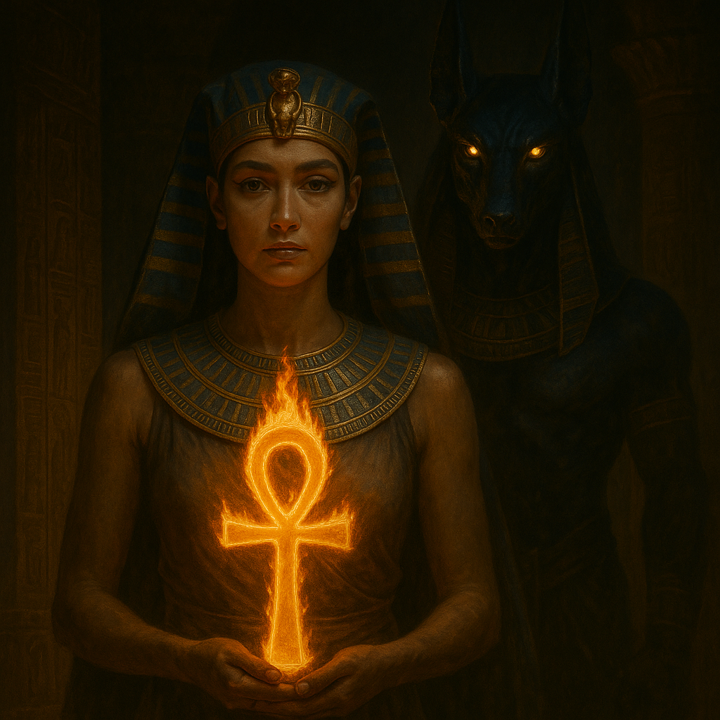 Mystical Egyptian priestess with glowing ankh, symbolizing the aura, energy field, and chakra healing.