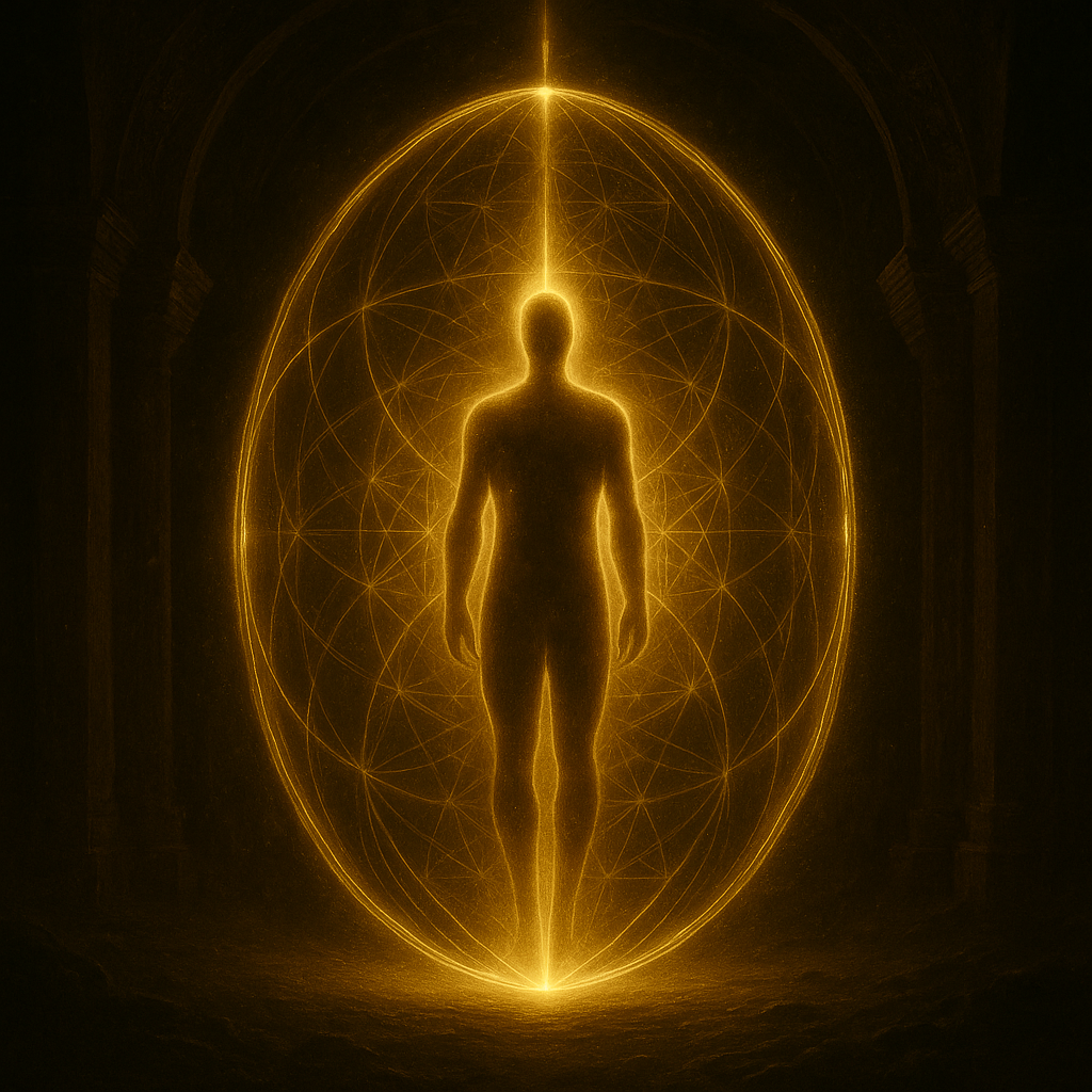 Standing human light-body surrounded by a golden toroidal electromagnetic aura field inside an ancient temple, sacred geometry glowing behind the silhouette.