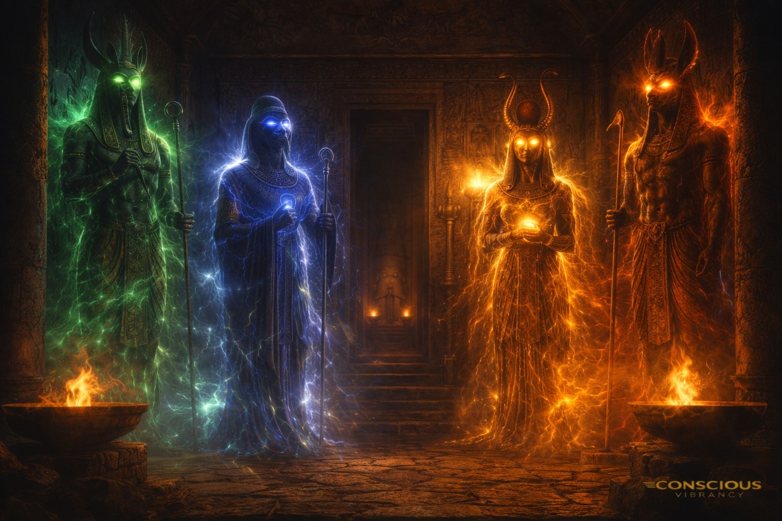 Egyptian inner temple with Osiris Thoth Hathor and Anubis statues glowing with energy field auras representing aura color changes
