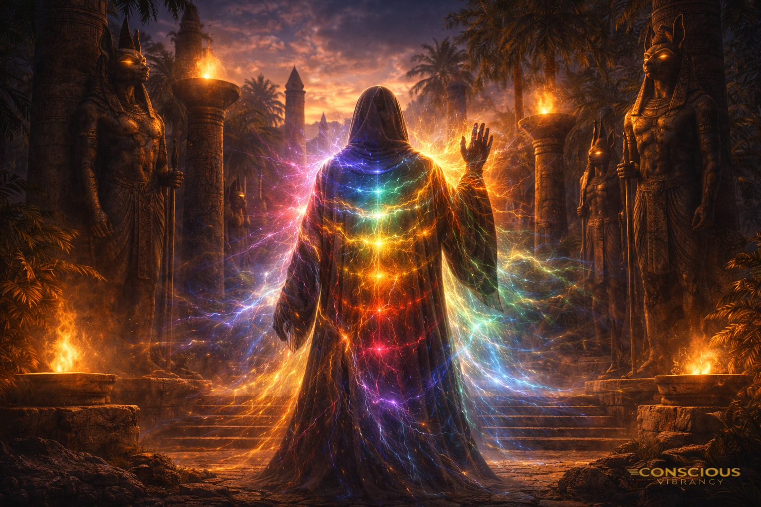 aura colors energy field showing red orange yellow green blue purple and gold aura around a spiritual figure