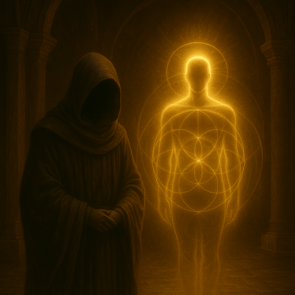 A hooded gnostic priest standing beside a luminous light body with a radiant auric field inside an ancient temple — symbolic of aura and chakra architecture.