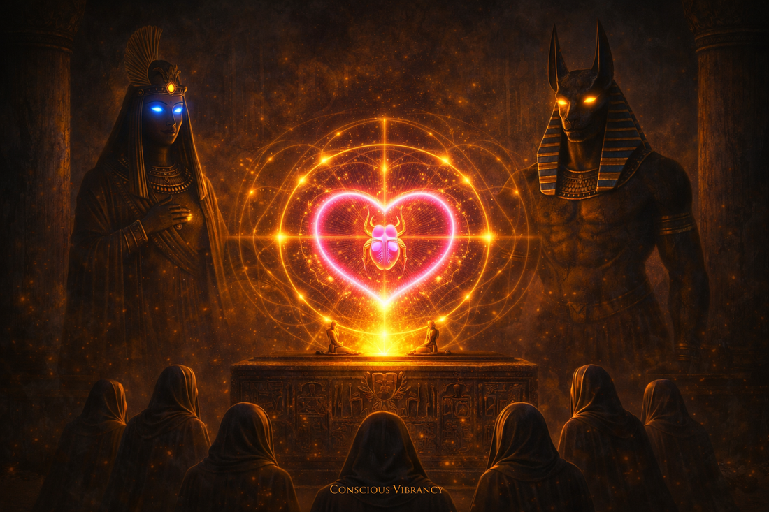 Ancient Egyptian temple scene with glowing heart energy field between Ma’at and Anubis symbolizing heart coherence and energetic presence