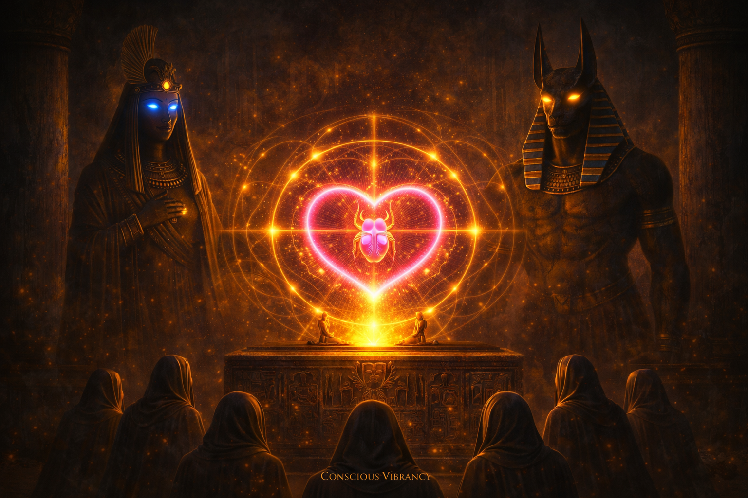 Ancient Egyptian temple scene with glowing heart energy field between Ma’at and Anubis symbolizing heart coherence and energetic presence