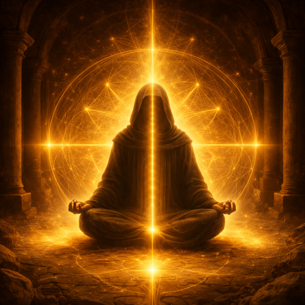 meditating hooded figure with golden energy rising through the spine symbolising chakra awakening