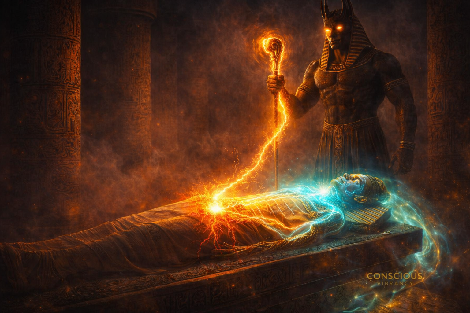Energy blockage in the body being cleared by Anubis using an ankh staff, showing blocked energy flow and chakra imbalance transforming into coherent energy