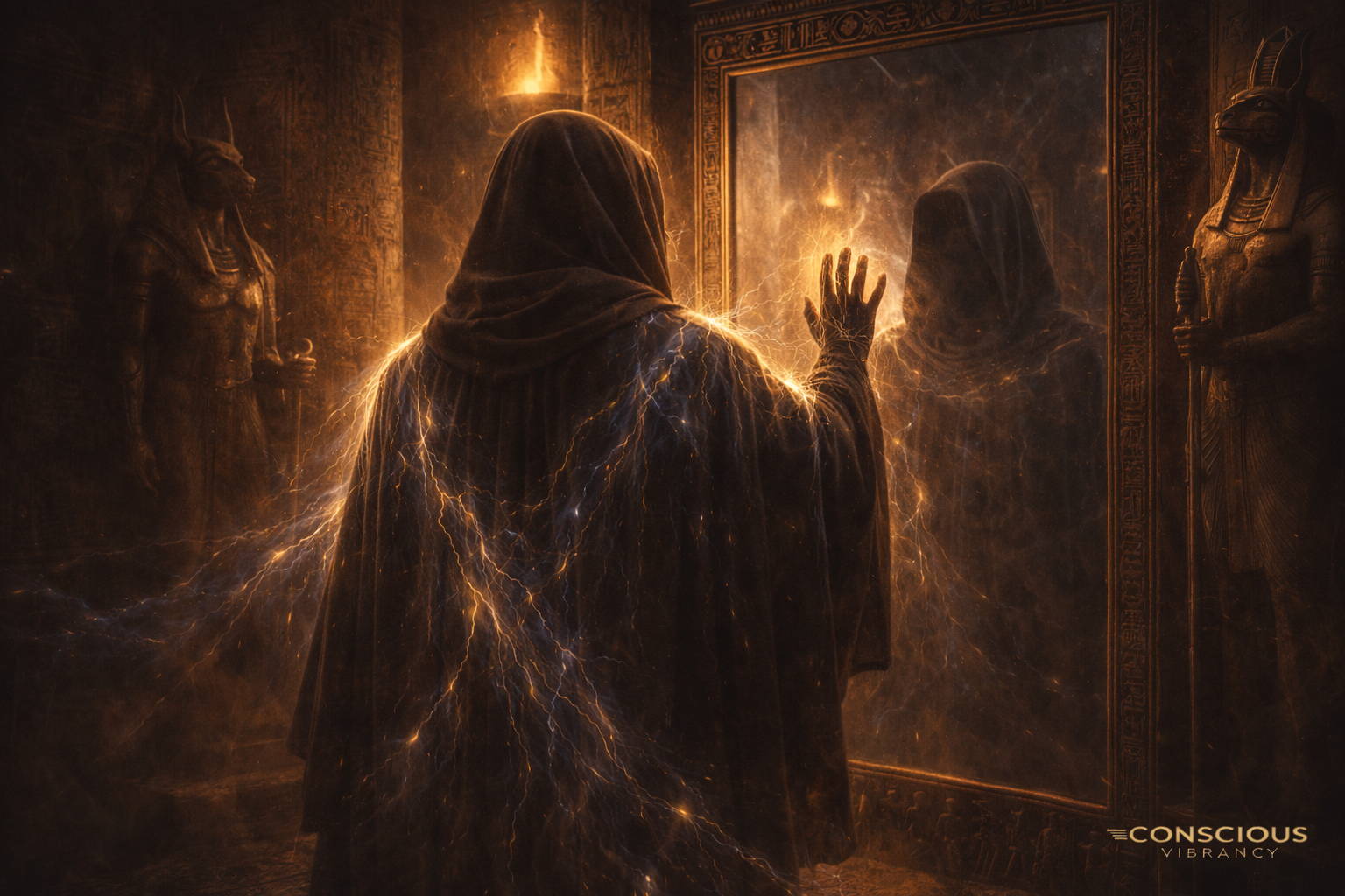 Hooded priest with glowing aura touching a mirror inside an ancient Egyptian temple, surrounded by Anubis statues and golden energy field