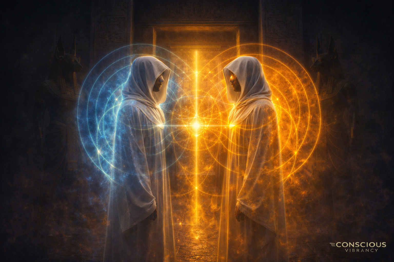 How to feel someone’s energy visualized as two hooded figures in an Egyptian temple sensing overlapping aura fields and energetic interaction through awareness and perception