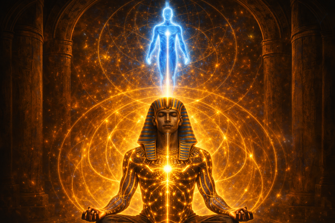 Golden Egyptian initiate meditating with glowing meridian energy lines and a blue light body rising above the crown, illustrating the human energy system, aura field and chakra activation