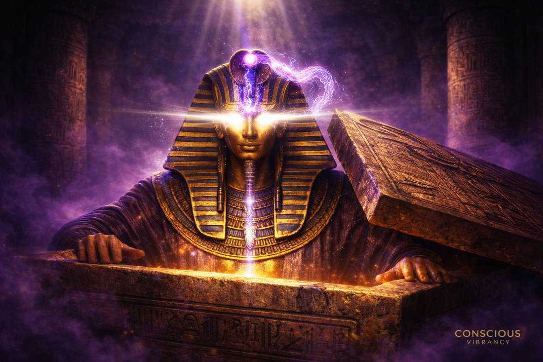 Hyper-realistic Egyptian temple scene of King Tut awakening with a third eye cobra, glowing eyes, and visible spinal energy channel representing chakra activation and spiritual awakening