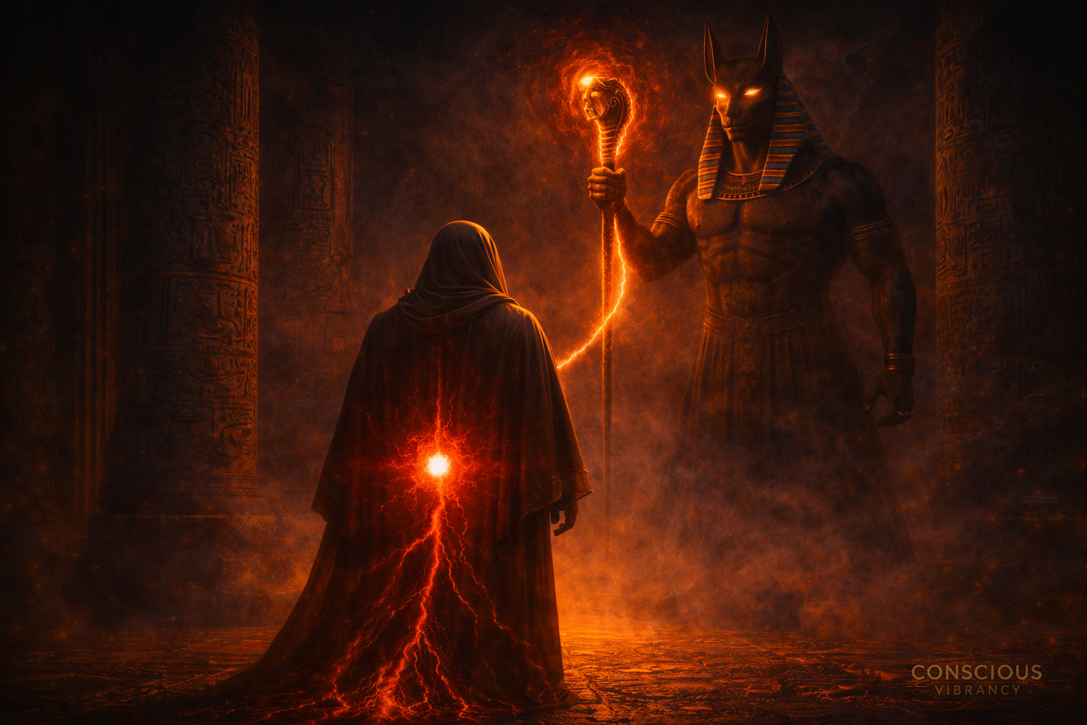 Ancient Egyptian temple scene showing a hooded priest receiving root chakra activation from Anubis with a cobra staff, red energy glowing at the base of the spine symbolizing grounding, stability, and nervous system balance