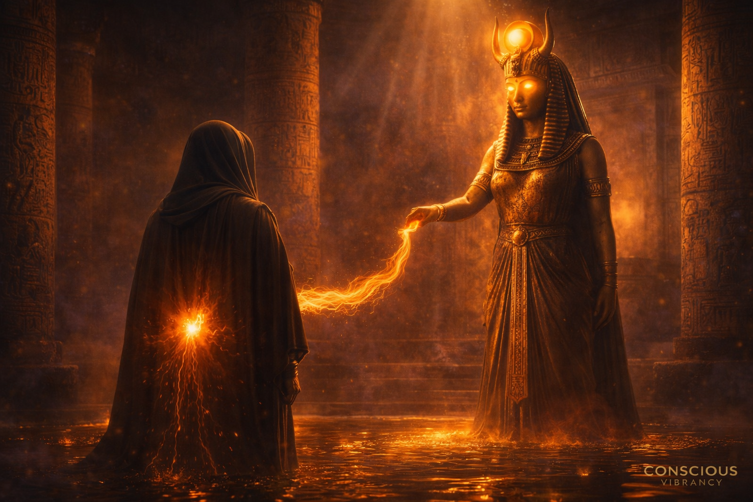 Sacral chakra blockage symptoms illustration with Hathor restoring energy flow, representing emotional numbness, low creativity, intimacy issues, and healing