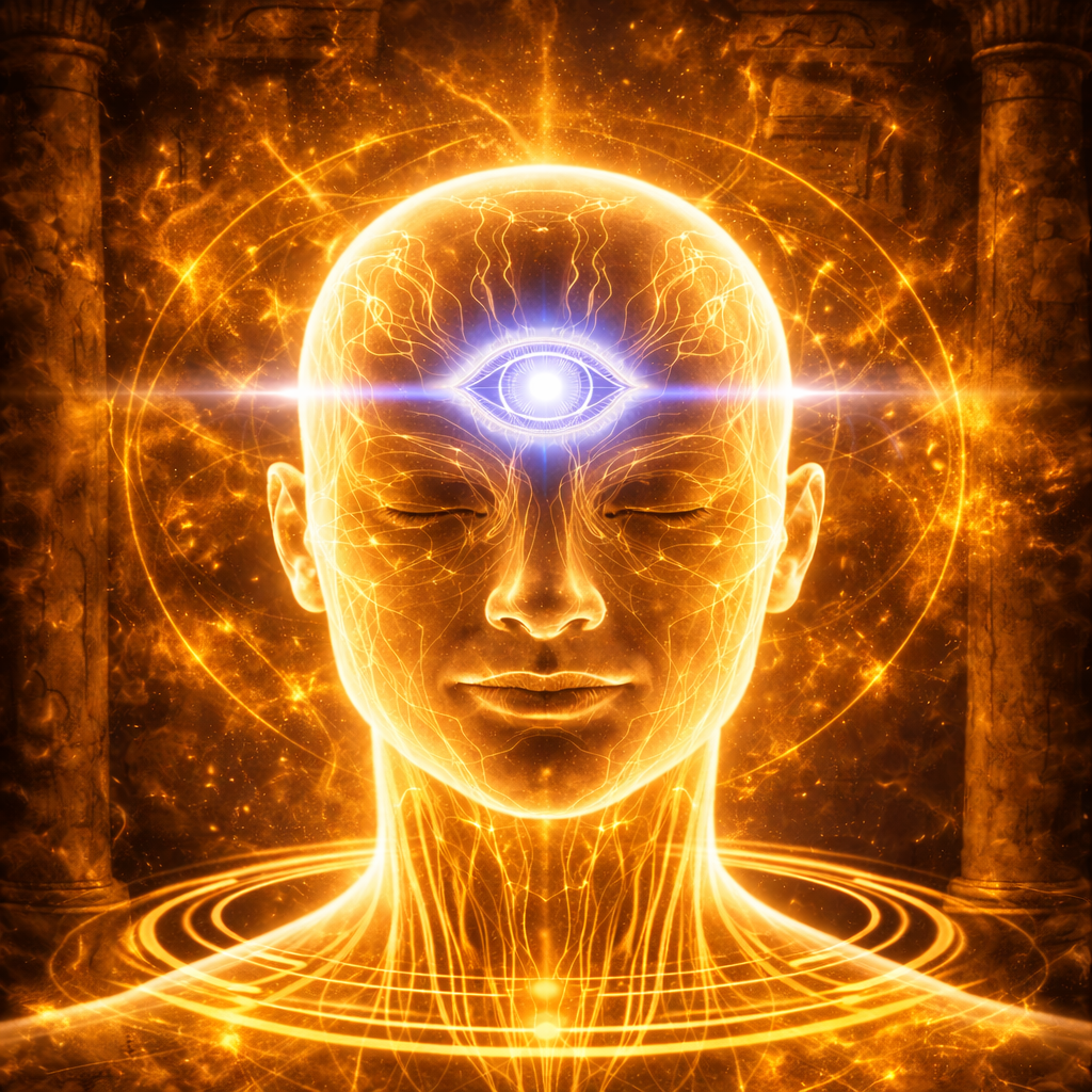 glowing third eye chakra activation with golden light body energy inside sacred temple architecture