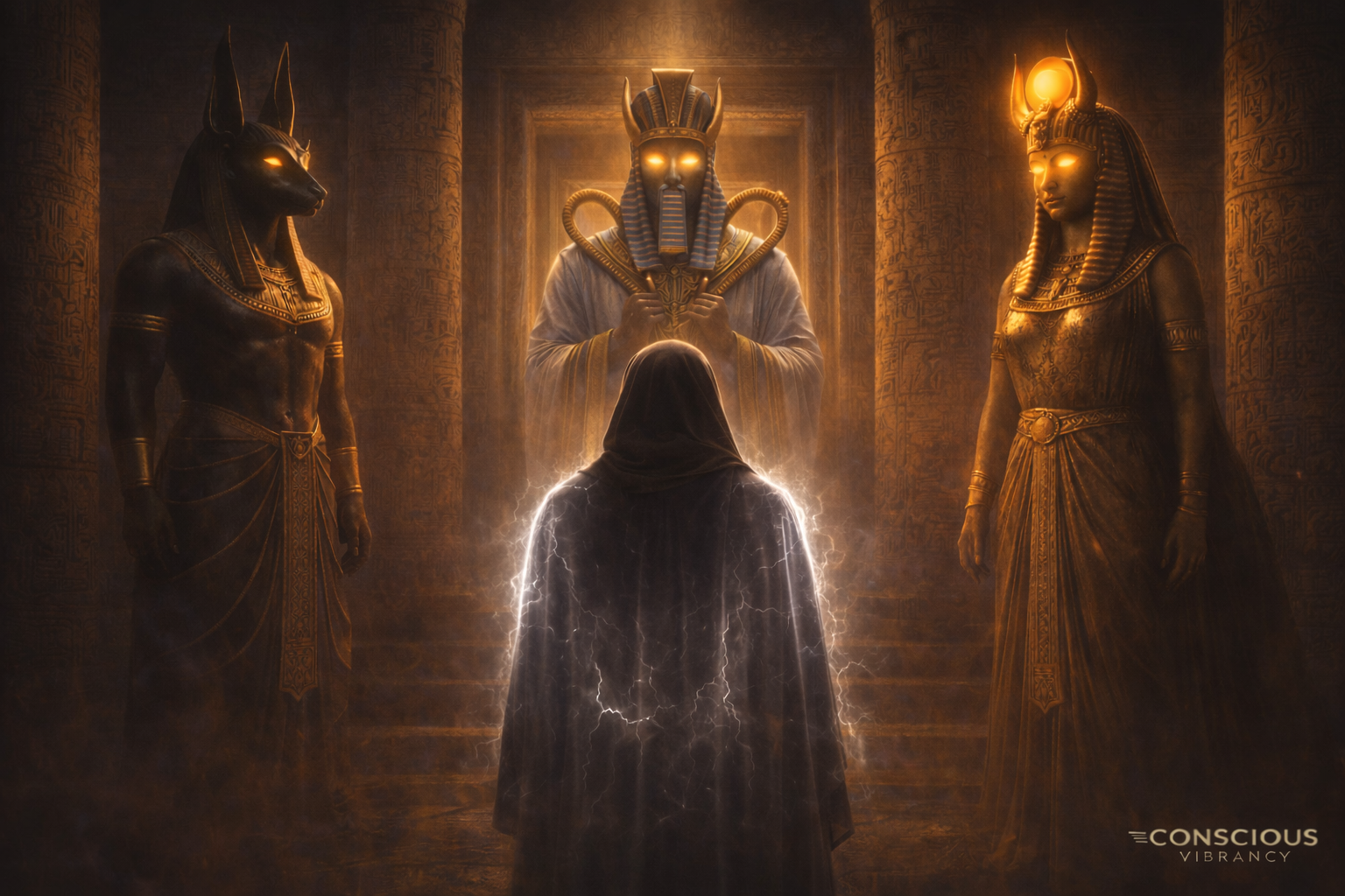 weak aura example with hooded priest surrounded by Osiris Anubis and Hathor in Egyptian temple showing low energy field