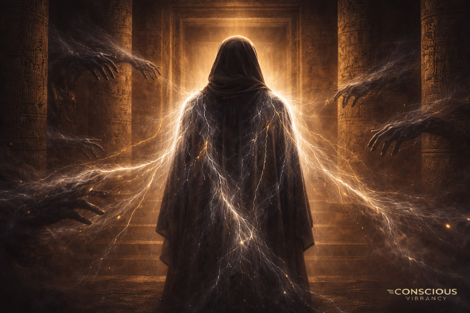 hooded figure in an ancient Egyptian temple with a weakened aura being drained by surrounding shadow forces, symbolizing energy depletion and aura weakening