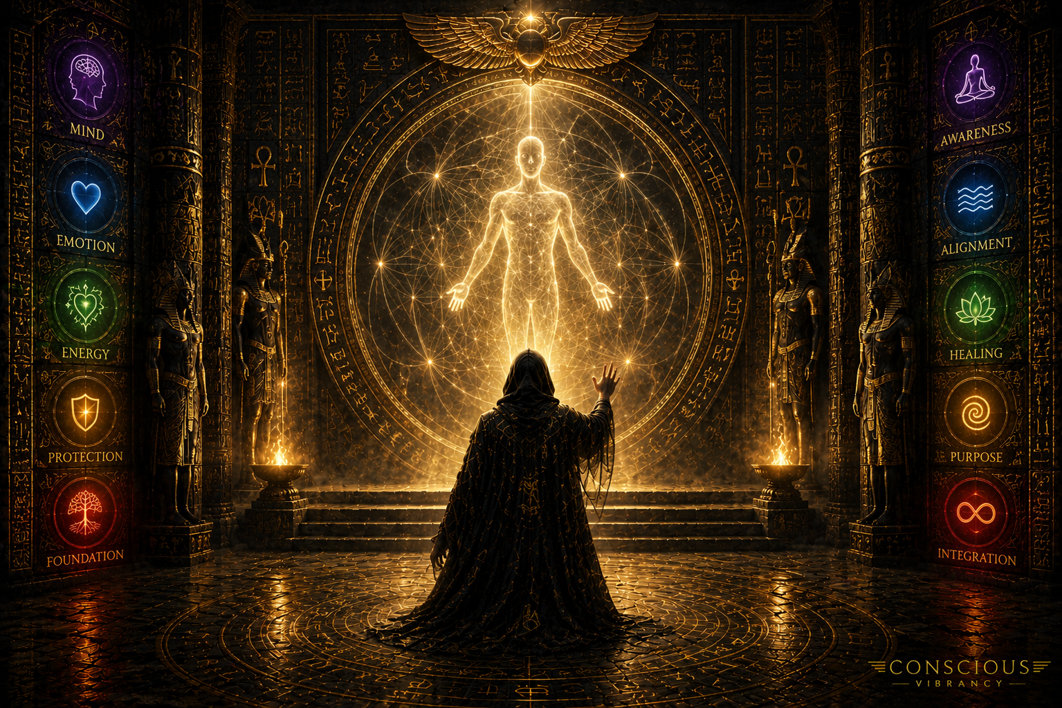 Ancient Egyptian mystery school temple with a glowing golden human light body and symbolic aura seals representing layered aura perception and energetic consciousness