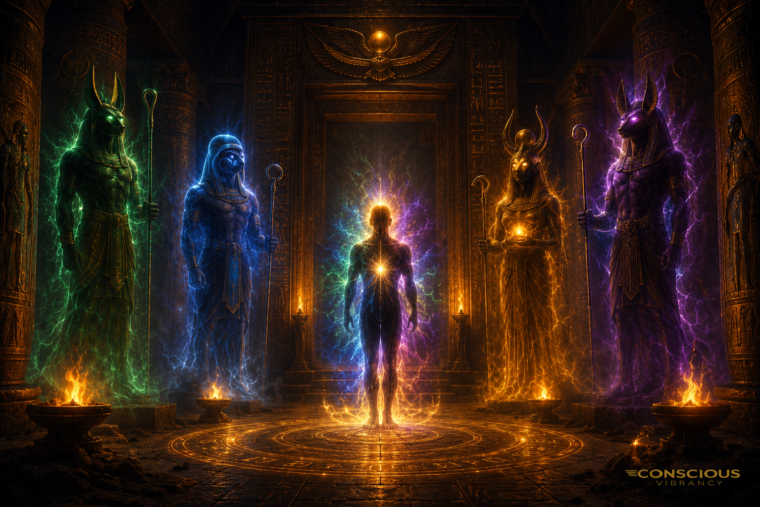 Different aura colors surrounding a human energy field inside an ancient Egyptian temple with glowing deities and layered aura frequencies