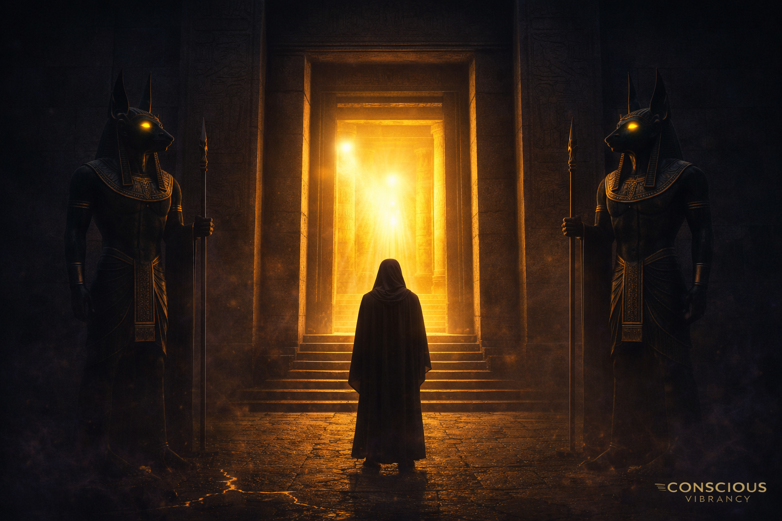 Hooded figure standing at the entrance of an ancient Egyptian temple guarded by Anubis statues, with radiant golden light inside symbolizing breaking through feeling stuck and energy blocks