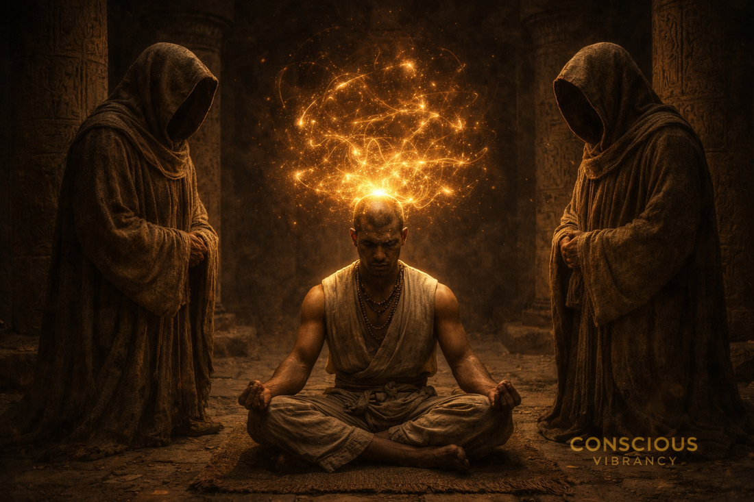 Egyptian temple scene showing a meditating man with chaotic golden thought energy above his head and two hooded priests standing beside him representing mental pressure and inner balance