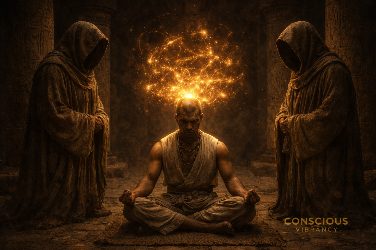 Egyptian temple scene showing a meditating man with chaotic golden thought energy above his head and two hooded priests standing beside him representing mental pressure and inner balance